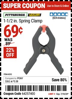 Harbor Freight Coupon PITTSBURGH 1-1/2 IN. SPRING CLAMP Lot No. 69292 Valid Thru: 7/19/26 - $0.69