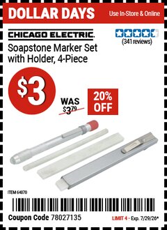 Harbor Freight Coupon CHICAGO ELECTRIC SOAPSTONE MARKER SET WITH HOLDER, 4-PIECE Lot No. 64070 Expired: 7/29/26 - $3