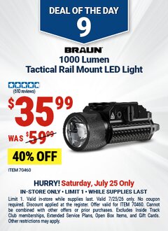 Harbor Freight Coupon BRAUN 1000 LUMEN TACTICAL RAIL MOUNT LED LIGHT Lot No. 70460 Expired: 7/25/26 - $35.99