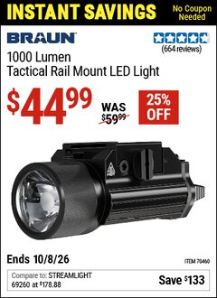 Harbor Freight Coupon BRAUN 1000 LUMEN TACTICAL RAIL MOUNT LED LIGHT Lot No. 70460 Valid Thru: 10/8/26 - $44.99
