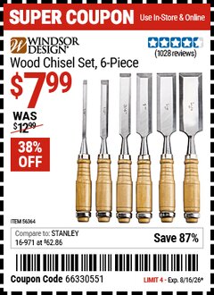 Harbor Freight Coupon WINDSOR DESIGN WOOD CHISEL SET, 6-PIECE Lot No. 56364 Valid Thru: 8/16/26 - $7.99