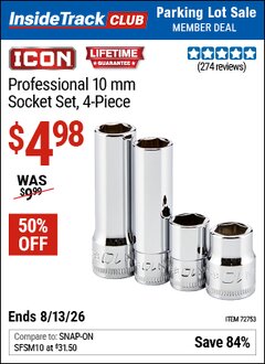 Harbor Freight ITC Coupon ICON PROFESSIONAL 10 MM SOCKET SET, 4-PIECE Lot No. 72753 Valid Thru: 8/13/26 - $4.98