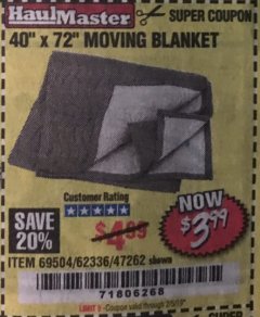 Harbor Freight Coupon 40" x 72" MOVER'S BLANKET Lot No. 47262/69504/62336 Expired: 2/5/19 - $3.99