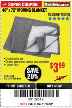 Harbor Freight Coupon 40" x 72" MOVER'S BLANKET Lot No. 47262/69504/62336 Expired: 11/18/18 - $3.99