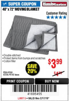 Harbor Freight Coupon 40" x 72" MOVER'S BLANKET Lot No. 47262/69504/62336 Expired: 2/17/19 - $3.99