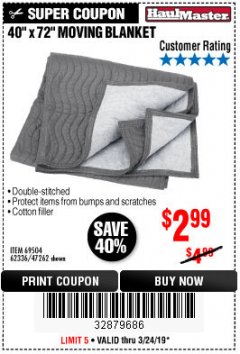 Harbor Freight Coupon 40" x 72" MOVER'S BLANKET Lot No. 47262/69504/62336 Expired: 3/24/19 - $2.99