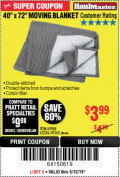 Harbor Freight Coupon 40" x 72" MOVER'S BLANKET Lot No. 47262/69504/62336 Expired: 5/12/19 - $3.99