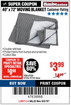 Harbor Freight Coupon 40" x 72" MOVER'S BLANKET Lot No. 47262/69504/62336 Expired: 9/2/19 - $3.99