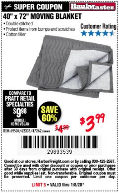 Harbor Freight Coupon 40" x 72" MOVER'S BLANKET Lot No. 47262/69504/62336 Expired: 1/8/20 - $3.99