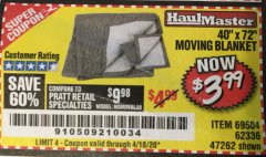 Harbor Freight Coupon 40" x 72" MOVER'S BLANKET Lot No. 47262/69504/62336 Expired: 6/30/20 - $3.99