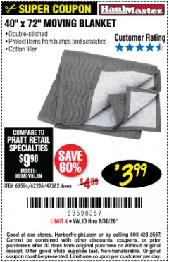 Harbor Freight Coupon 40" x 72" MOVER'S BLANKET Lot No. 47262/69504/62336 Expired: 6/30/20 - $3.99