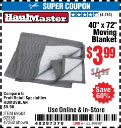 Harbor Freight Coupon 40" x 72" MOVER'S BLANKET Lot No. 47262/69504/62336 Expired: 8/16/20 - $3.99