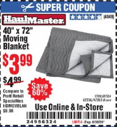 Harbor Freight Coupon 40" x 72" MOVER'S BLANKET Lot No. 47262/69504/62336 Expired: 8/30/20 - $3.99