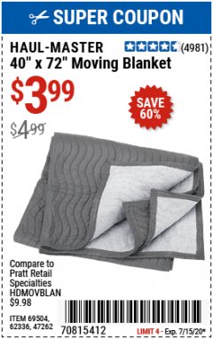 Harbor Freight Coupon 40" x 72" MOVER'S BLANKET Lot No. 47262/69504/62336 Expired: 7/15/20 - $3.99