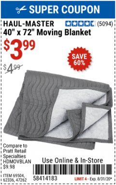 Harbor Freight Coupon 40" x 72" MOVER'S BLANKET Lot No. 47262/69504/62336 Expired: 8/31/20 - $3.99