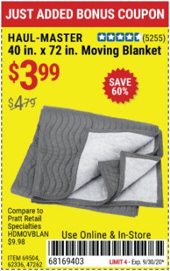 Harbor Freight Coupon 40" x 72" MOVER'S BLANKET Lot No. 47262/69504/62336 Expired: 9/30/20 - $3.99