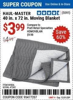 Harbor Freight Coupon 40" x 72" MOVER'S BLANKET Lot No. 47262/69504/62336 Expired: 12/31/20 - $3.99