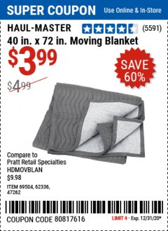 Harbor Freight Coupon 40" x 72" MOVER'S BLANKET Lot No. 47262/69504/62336 Expired: 12/31/20 - $3.99