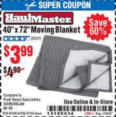 Harbor Freight Coupon 40" x 72" MOVER'S BLANKET Lot No. 47262/69504/62336 Expired: 1/15/21 - $3.99