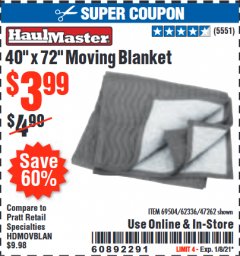 Harbor Freight Coupon 40" x 72" MOVER'S BLANKET Lot No. 47262/69504/62336 Expired: 1/8/21 - $3.99