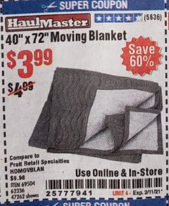 Harbor Freight Coupon 40" x 72" MOVER'S BLANKET Lot No. 47262/69504/62336 Expired: 2/11/21 - $3.99