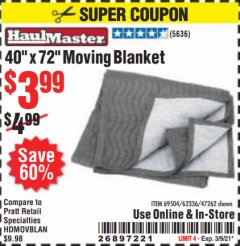 Harbor Freight Coupon 40" x 72" MOVER'S BLANKET Lot No. 47262/69504/62336 Expired: 3/9/21 - $3.99