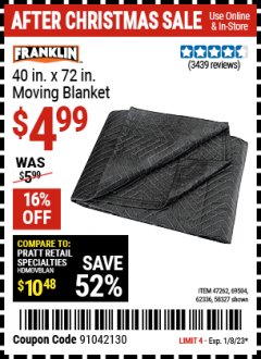 Harbor Freight Coupon 40" x 72" MOVER'S BLANKET Lot No. 47262/69504/62336 Expired: 1/8/23 - $4.99