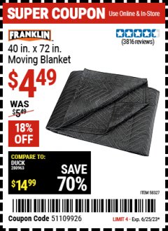 Harbor Freight Coupon 40" x 72" MOVER'S BLANKET Lot No. 47262/69504/62336 Expired: 6/25/23 - $4.49