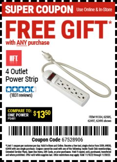 Harbor Freight FREE Coupon FOUR OUTLET POWER STRIP Lot No. 91334/69689/62495/62505/62497 Expired: 11/20/21 - FWP