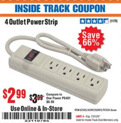 Harbor Freight ITC Coupon FOUR OUTLET POWER STRIP Lot No. 91334/69689/62495/62505/62497 Expired: 7/31/20 - $2.99