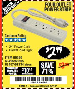 Harbor Freight Coupon FOUR OUTLET POWER STRIP Lot No. 91334/69689/62495/62505/62497 Expired: 6/2/18 - $2.99