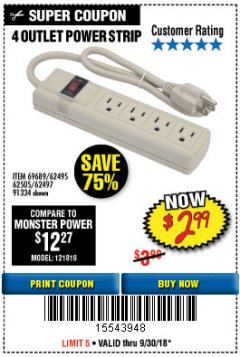Harbor Freight Coupon FOUR OUTLET POWER STRIP Lot No. 91334/69689/62495/62505/62497 Expired: 9/30/18 - $2.99