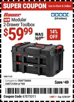 Harbor Freight Coupon BAUER MODULAR 2-DRAWER TOOLBOX Lot No. 71125 Valid Thru: 8/30/26 - $59.99