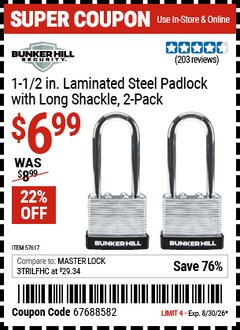 Harbor Freight Coupon BUNKER HILL SECURITY 1-1/2 IN. LAMINATED STEEL PADLOCK WITH LONG SHACKLE, 2-PACK Lot No. 57617 Valid Thru: 8/30/26 - $6.99