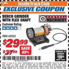Harbor Freight ITC Coupon BENCH GRINDER WITH FLEX SHAFT Lot No. 43533 Expired: 6/30/18 - $29.99