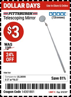 Harbor Freight Coupon PITTSBURGH TELESCOPING MIRROR Lot No. 7361 Expired: 9/9/26 - $3