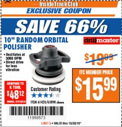 Harbor Freight ITC Coupon 10" RANDOM ORBIT POLISHER Lot No. 43424/61898/61420 Expired: 10/30/18 - $15.99