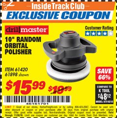 Harbor Freight ITC Coupon 10" RANDOM ORBIT POLISHER Lot No. 43424/61898/61420 Expired: 11/30/18 - $15.99