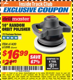 Harbor Freight ITC Coupon 10" RANDOM ORBIT POLISHER Lot No. 43424/61898/61420 Expired: 4/30/19 - $16.99