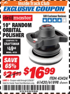 Harbor Freight ITC Coupon 10" RANDOM ORBIT POLISHER Lot No. 43424/61898/61420 Expired: 2/29/20 - $16.99