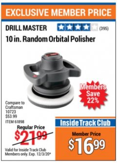 Harbor Freight ITC Coupon 10" RANDOM ORBIT POLISHER Lot No. 43424/61898/61420 Expired: 12/3/20 - $16.99