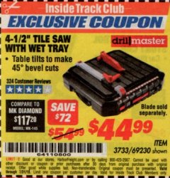 Harbor Freight ITC Coupon 4-1/2" TILE SAW WITH WET TRAY Lot No. 3733/69230 Expired: 7/31/19 - $44.99