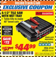 Harbor Freight ITC Coupon 4-1/2" TILE SAW WITH WET TRAY Lot No. 3733/69230 Expired: 11/30/19 - $44.99