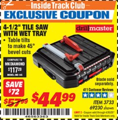 Harbor Freight ITC Coupon 4-1/2" TILE SAW WITH WET TRAY Lot No. 3733/69230 Expired: 4/30/20 - $44.99