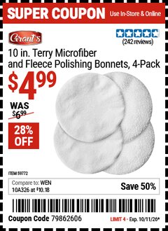 Harbor Freight Coupon GRANT'S 10 IN. TERRY MICROFIBER AND FLEECE POLISHING BONNETS, 4-PACK Lot No. 59772 EXPIRES: 10/11/26 - $4.99