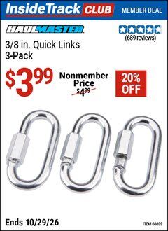 Harbor Freight ITC Coupon HAUL-MASTER 3/8 IN. QUICK LINKS, 3-PACK Lot No. 68899 Valid Thru: 10/29/26 - $3.99