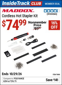 Harbor Freight ITC Coupon MADDOX CORDLESS HOT STAPLER KIT Lot No. 70800 Valid Thru: 10/29/26 - $74.99