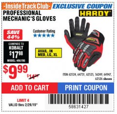 Harbor Freight ITC Coupon PROFESSIONAL MECHANIC'S GLOVES Lot No. 62524/68307/68308/62525/68309/62526 Expired: 2/28/19 - $9.99