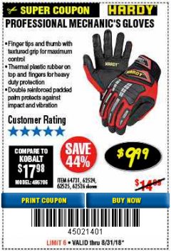 Harbor Freight Coupon PROFESSIONAL MECHANIC'S GLOVES Lot No. 62524/68307/68308/62525/68309/62526 Expired: 8/31/18 - $9.99