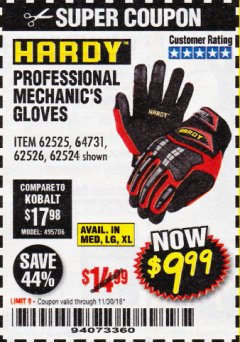 Harbor Freight Coupon PROFESSIONAL MECHANIC'S GLOVES Lot No. 62524/68307/68308/62525/68309/62526 Expired: 11/30/18 - $9.99